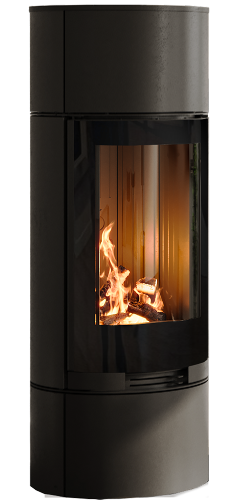 Nordic Fire Timber houtkachel met zichtbare vlammen op zwarte achtergrond
