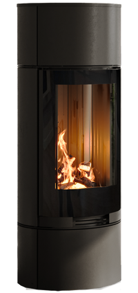 Nordic Fire Timber houtkachel met zichtbare vlammen op zwarte achtergrond