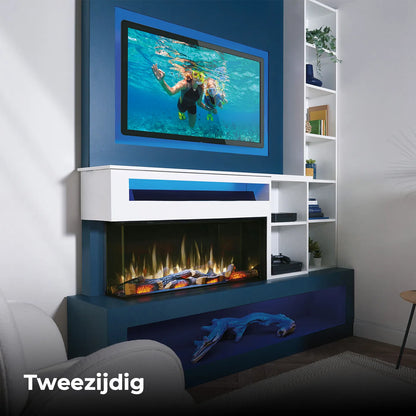 Charlton & Jenrick I-1000e Deep tweezijdige haard onder een tv, ingebouwd in een moderne woonkamer.