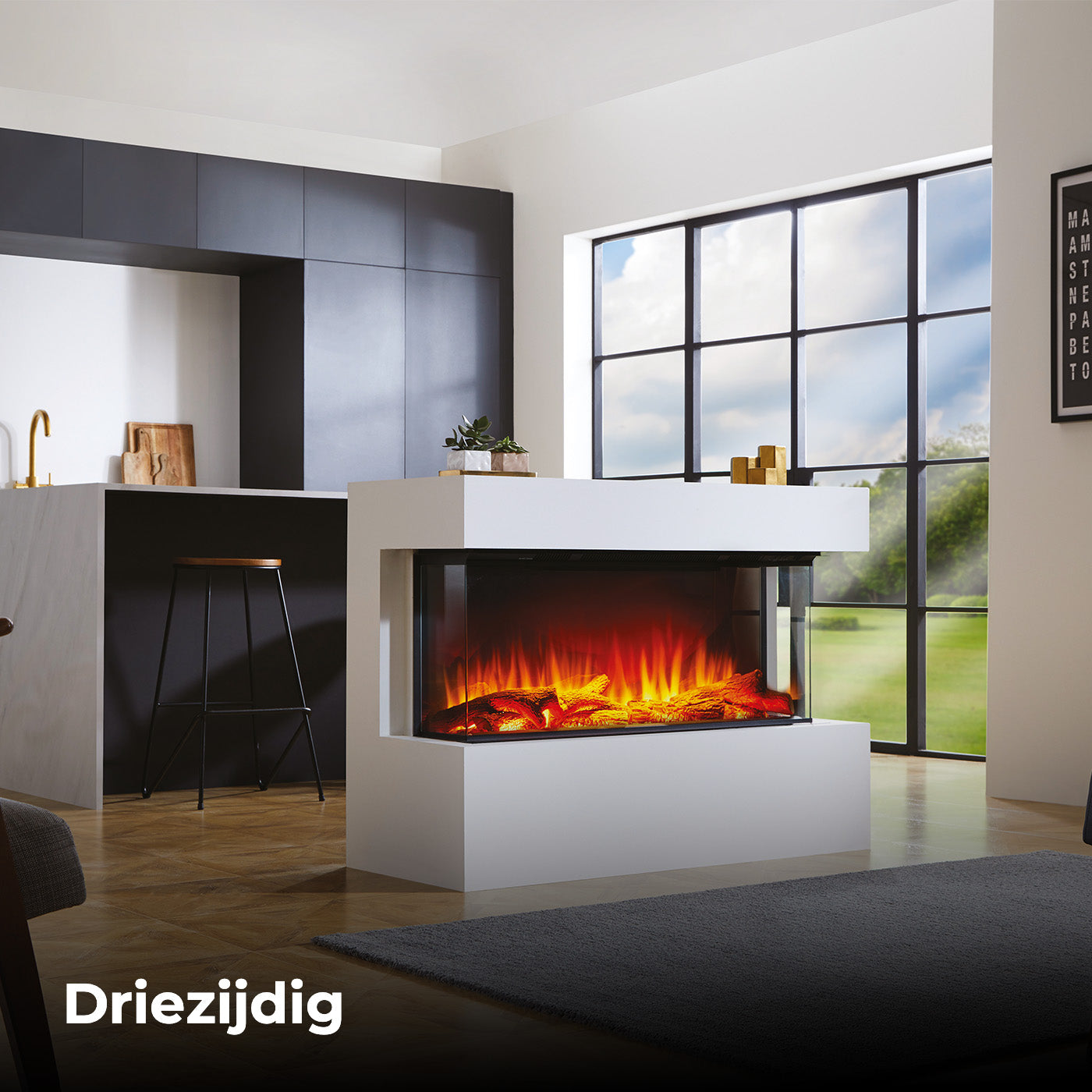 Charlton & Jenrick I-1000e Deep driezijdige inbouwhaard in moderne woonkamer