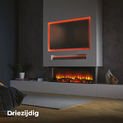 Charlton & Jenrick i-1250e Deep elektrische haard in een moderne woonkamer met sfeerverlichting.