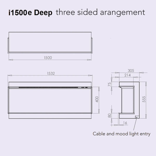 Technische tekening van Charlton & Jenrick i-1500e Deep haard met afmetingen en kabelinvoer.