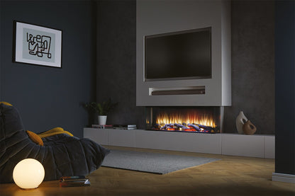 Charlton & Jenrick i-1250e Deep Corner elektrische haard in een moderne woonkamer met donkere muren.