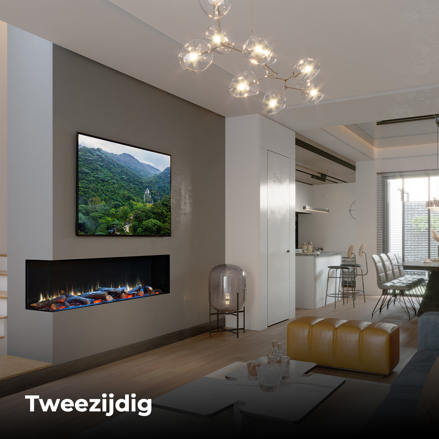 Charlton & Jenrick I-1800e Deep ingebouwd in moderne woonkamer, met vlammen