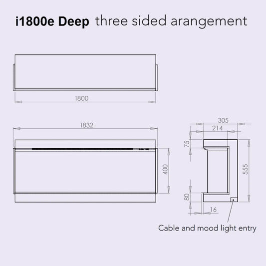 Charlton & Jenrick I-1800e Deep, driedimensionale opstelling met gedetailleerde afmetingen en kabelingang.