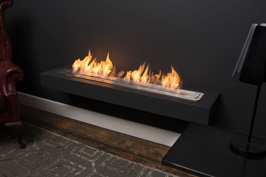 Icon Fires Slimline brander 1100mm in zwarte wandopstelling met vlammen