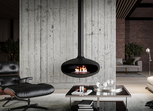 Icon Fires The Iconic 900 hangend in moderne woonkamer met brandend vuur