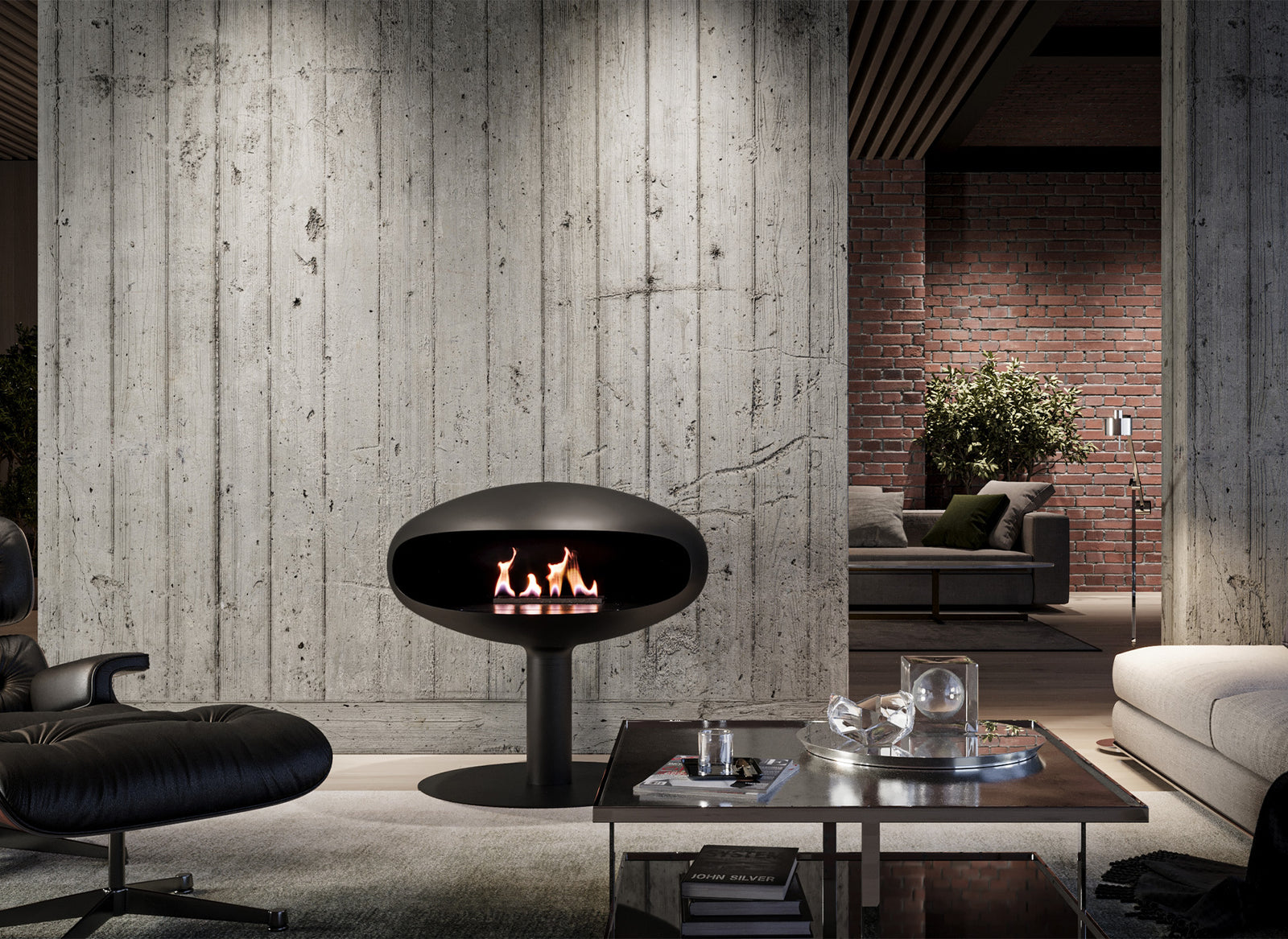 Icon Fires The Iconic 900 pedestal in moderne woonkamer met brandende vlammen