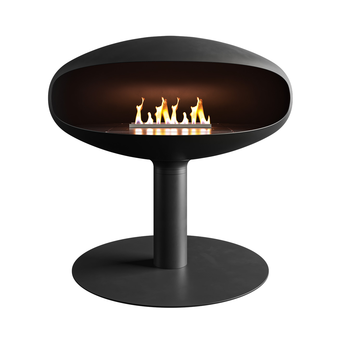 Iconic 900 pedestal zwarte designhaard met vlammen op witte achtergrond