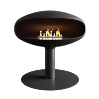 Iconic 900 pedestal zwarte designhaard met vlammen op witte achtergrond
