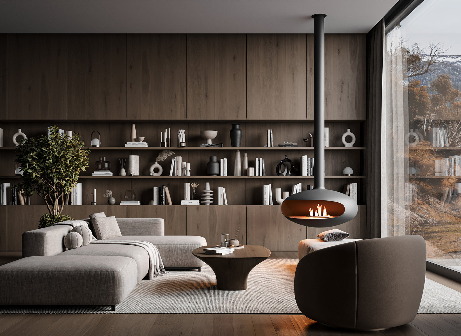 Icon Fires The Iconic 900 hangend in moderne woonkamer met zwevende haard