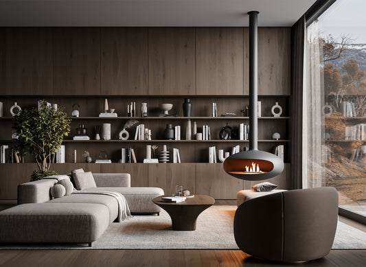 Icon Fires The Iconic 900 hangend in moderne woonkamer met zwevende haard