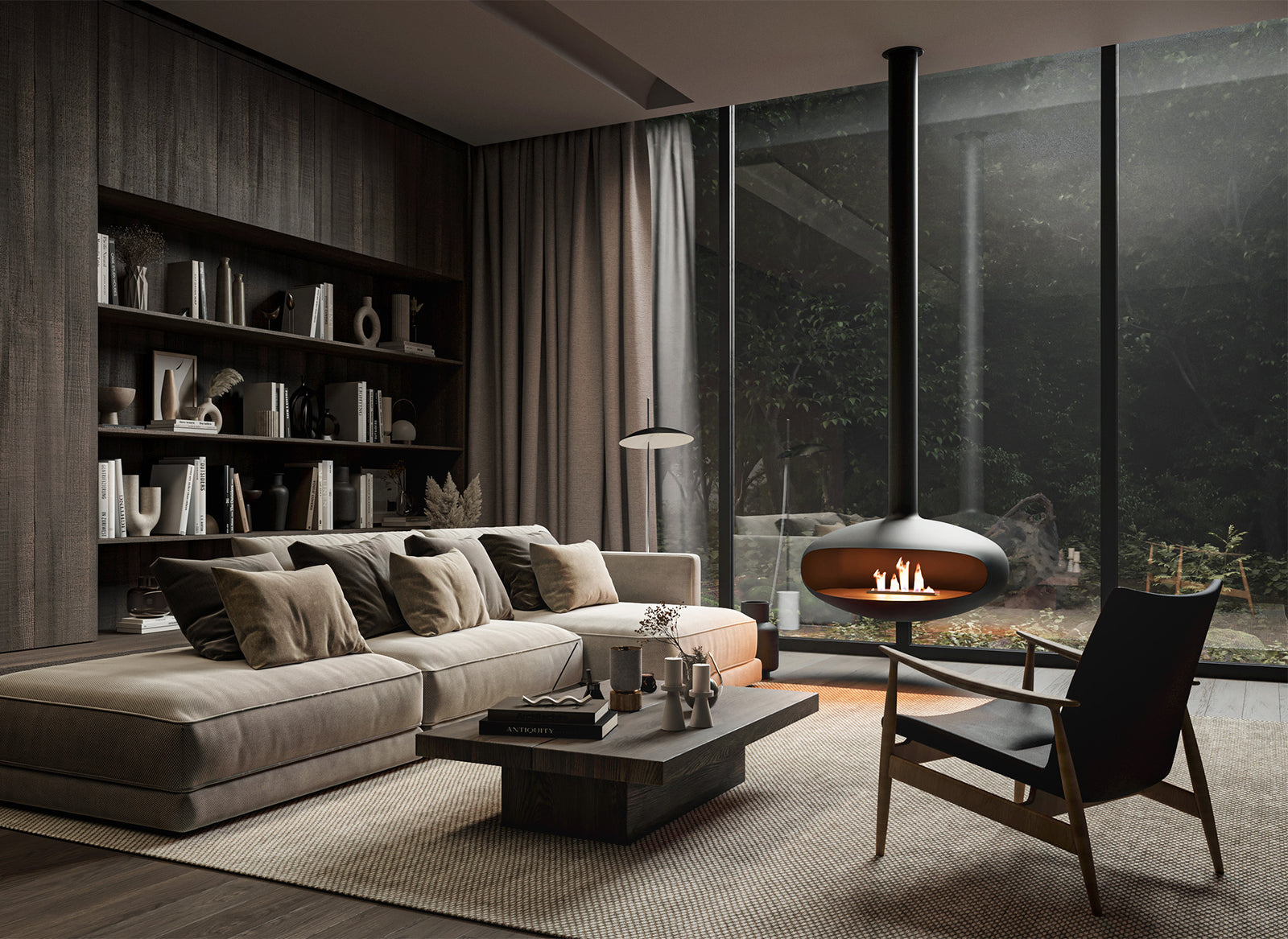 Icon Fires The Iconic 900 hangend in moderne woonkamer met hangende haard en vlammen