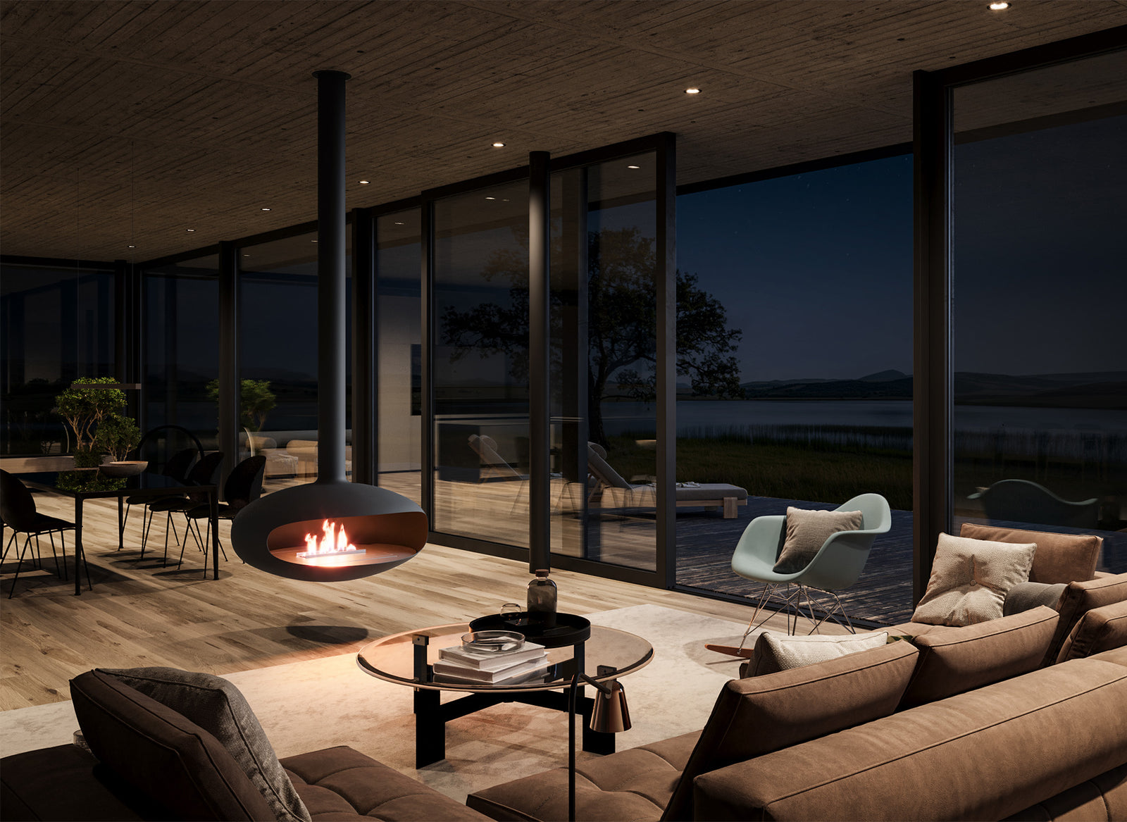 Iconic 900 hangend in moderne woonkamer met brandend vuur