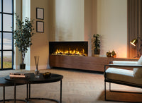 Dimplex Ignite Bold 74 in moderne woonkamer met vlammen en houten ombouw