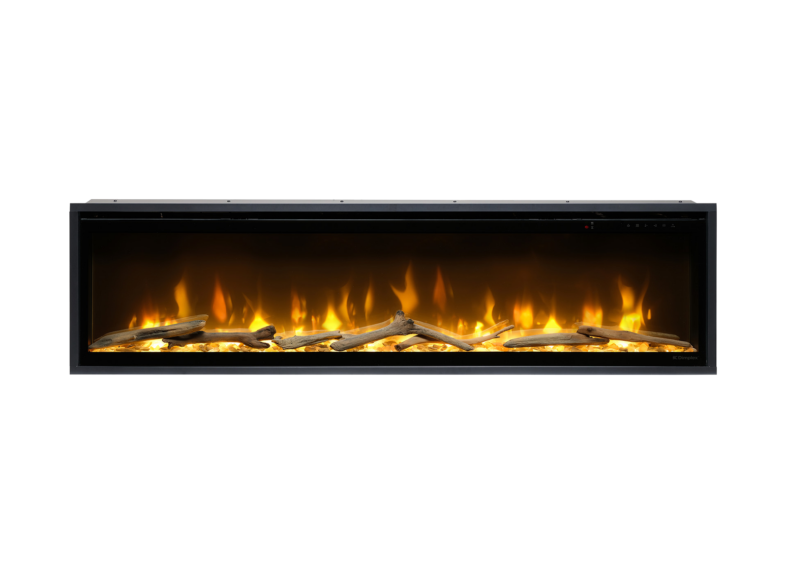 Dimplex Ignite Evolve 60 met vlammen en houtblokken op witte achtergrond