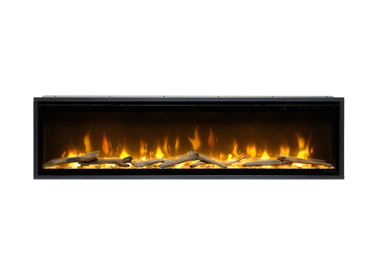 Dimplex Ignite Evolve 60 met vlammen en houtblokken op witte achtergrond