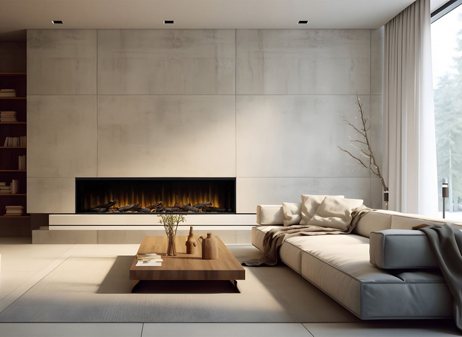 Dimplex Ignite Ultra 74 ingebouwd in moderne woonkamer met banken en salontafel