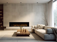 Dimplex Ignite Ultra 74 ingebouwd in moderne woonkamer met banken en salontafel