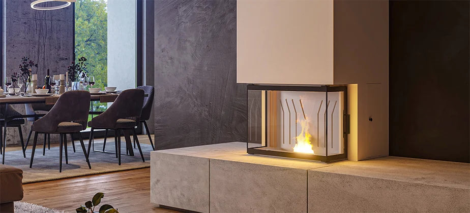 Nordic Fire Sienna 3-zijdig ingebouwd in moderne woonkamer met eettafel