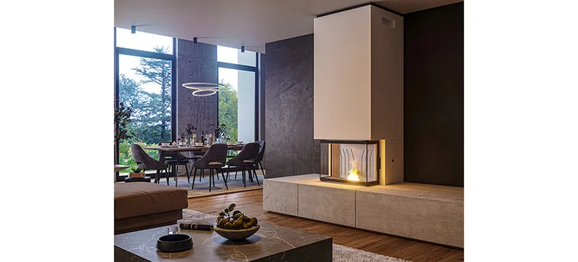 Nordic Fire Sienna 3-zijdig in moderne woonkamer met eettafel