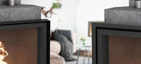Nordic Fire Sienna 7-10 in moderne woonkamer, deels zichtbaar met open vlammen