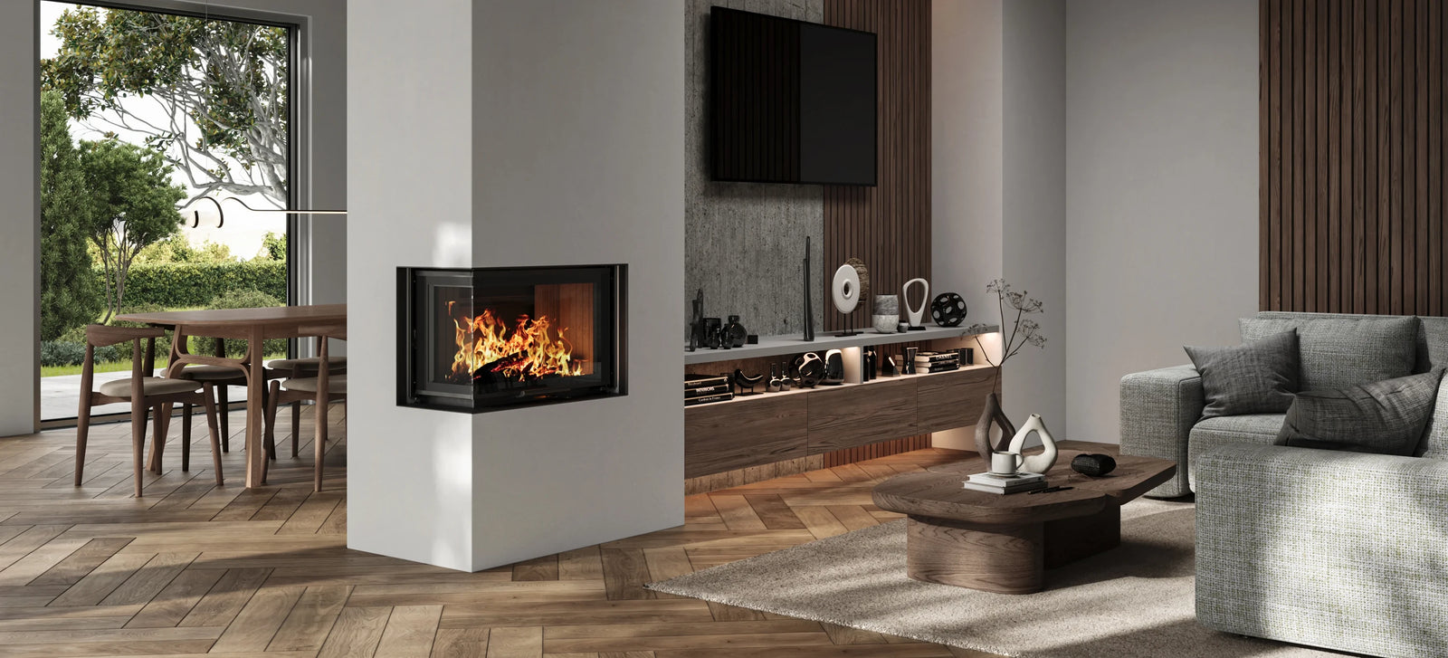 Nordic Fire Elite 70 in moderne woonkamer met ingebouwde haard en brandend vuur