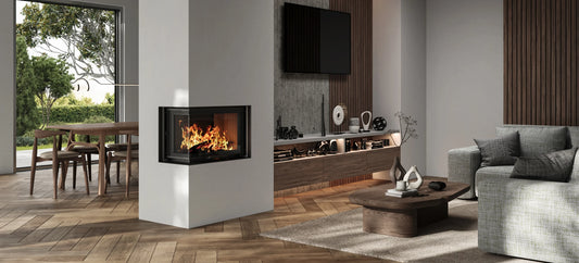 Nordic Fire Elite 70 in moderne woonkamer met ingebouwde haard en brandend vuur