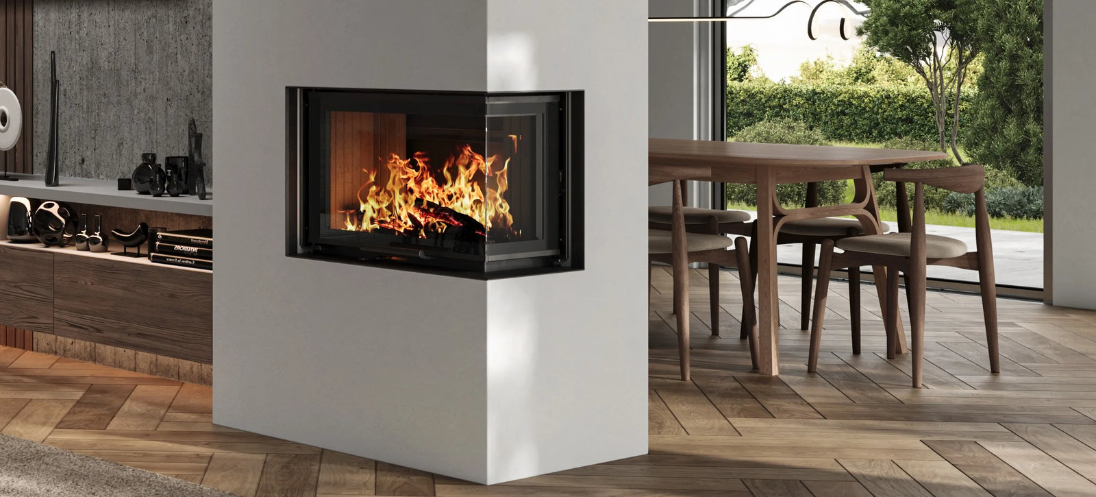 Nordic Fire Elite 70 in een moderne woonkamer met brandend haardvuur