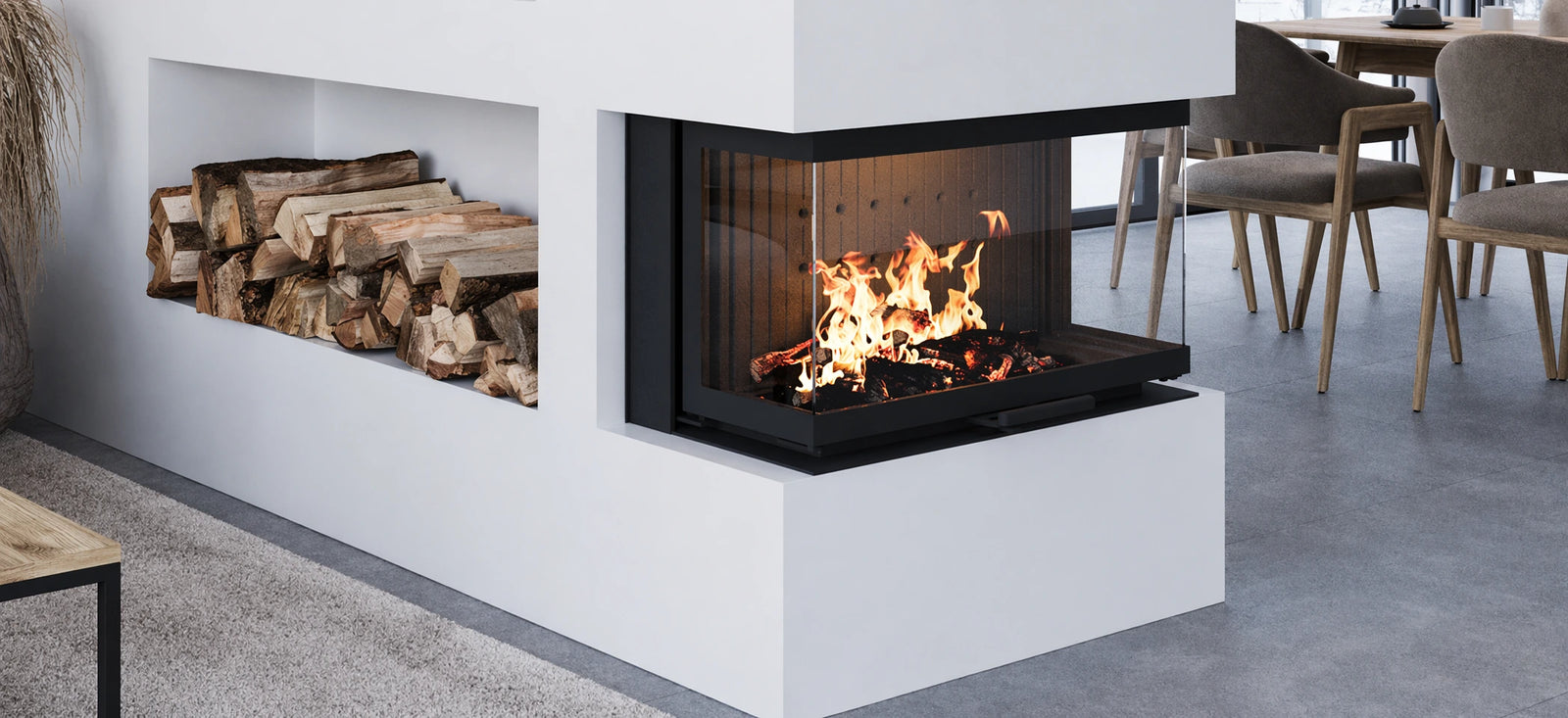 Nordic Fire Elite 3 in moderne woonkamer met brandend haardvuur