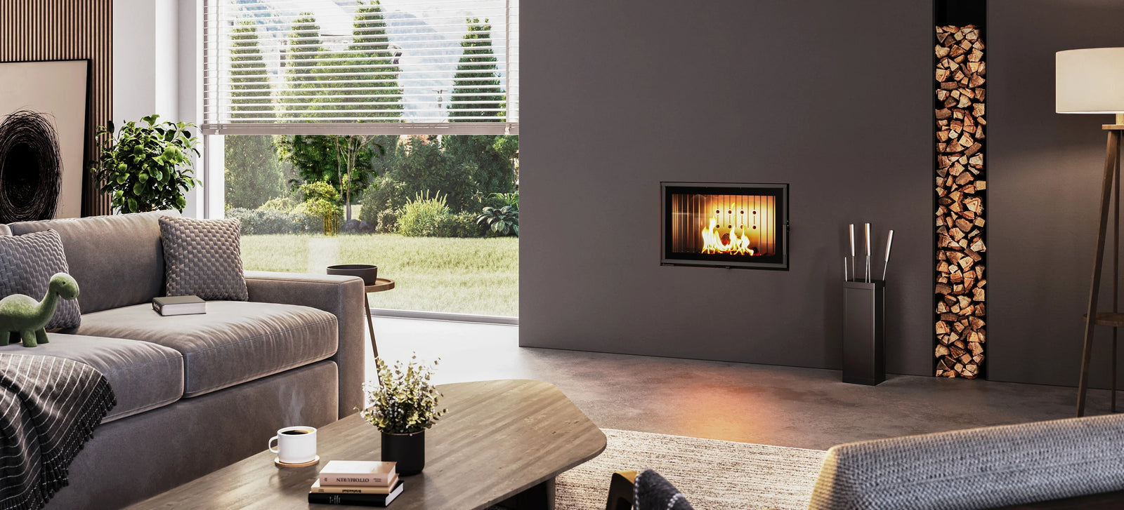 Nordic Fire Prestige 70 Air ingebouwd in moderne woonkamer met brandend vuur