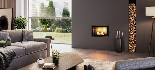 Nordic Fire Prestige 70 Air ingebouwd in moderne woonkamer met brandend vuur