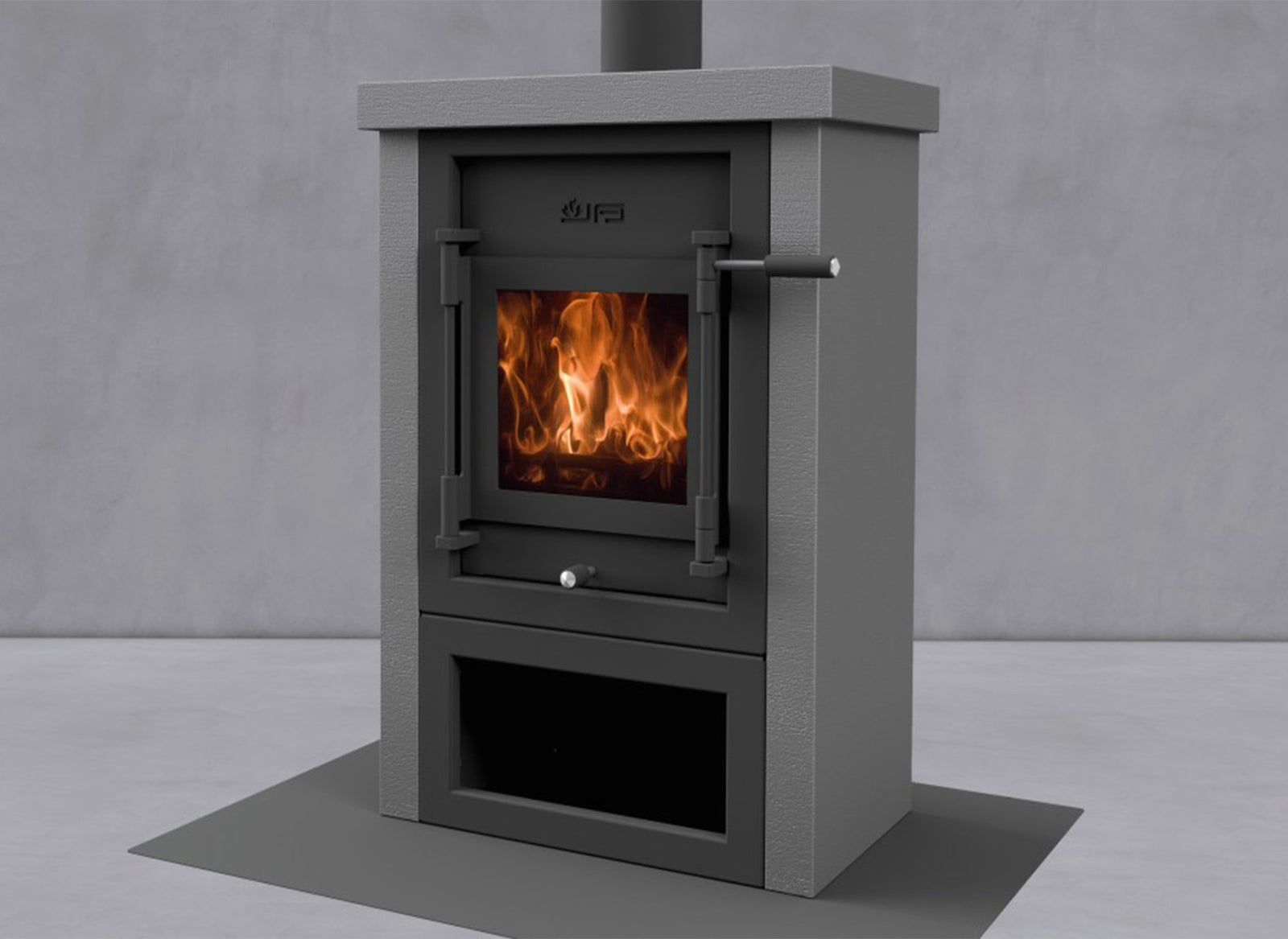 JAcobus 6 Kwadraat beton tunnel houtkachel met vlammen, op grijze studioachtergrond