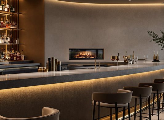 Nobis 125 elektrische haard in moderne bar met ingebouwde vlammen