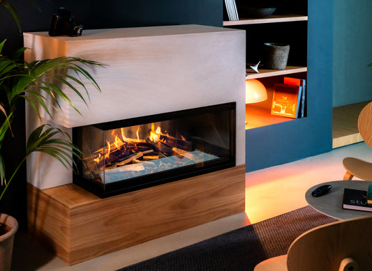 Nobis 90 elektrische haard in moderne woonkamer met ingebouwde vlammen