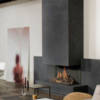 Faber Matrix 800/500 III Driezijdig ingebouwd in moderne woonkamer met vlammen