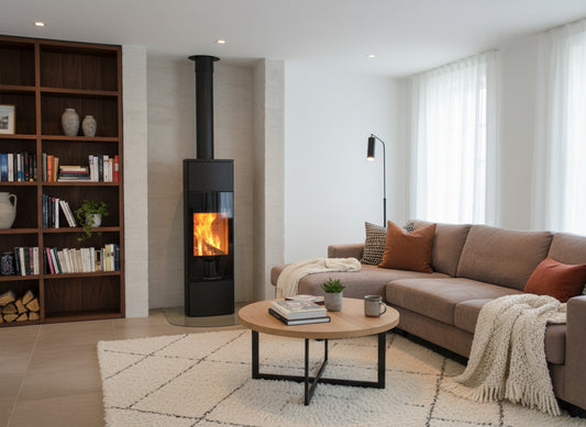 Jydepejsen Bella hoog in moderne woonkamer met brandend vuur