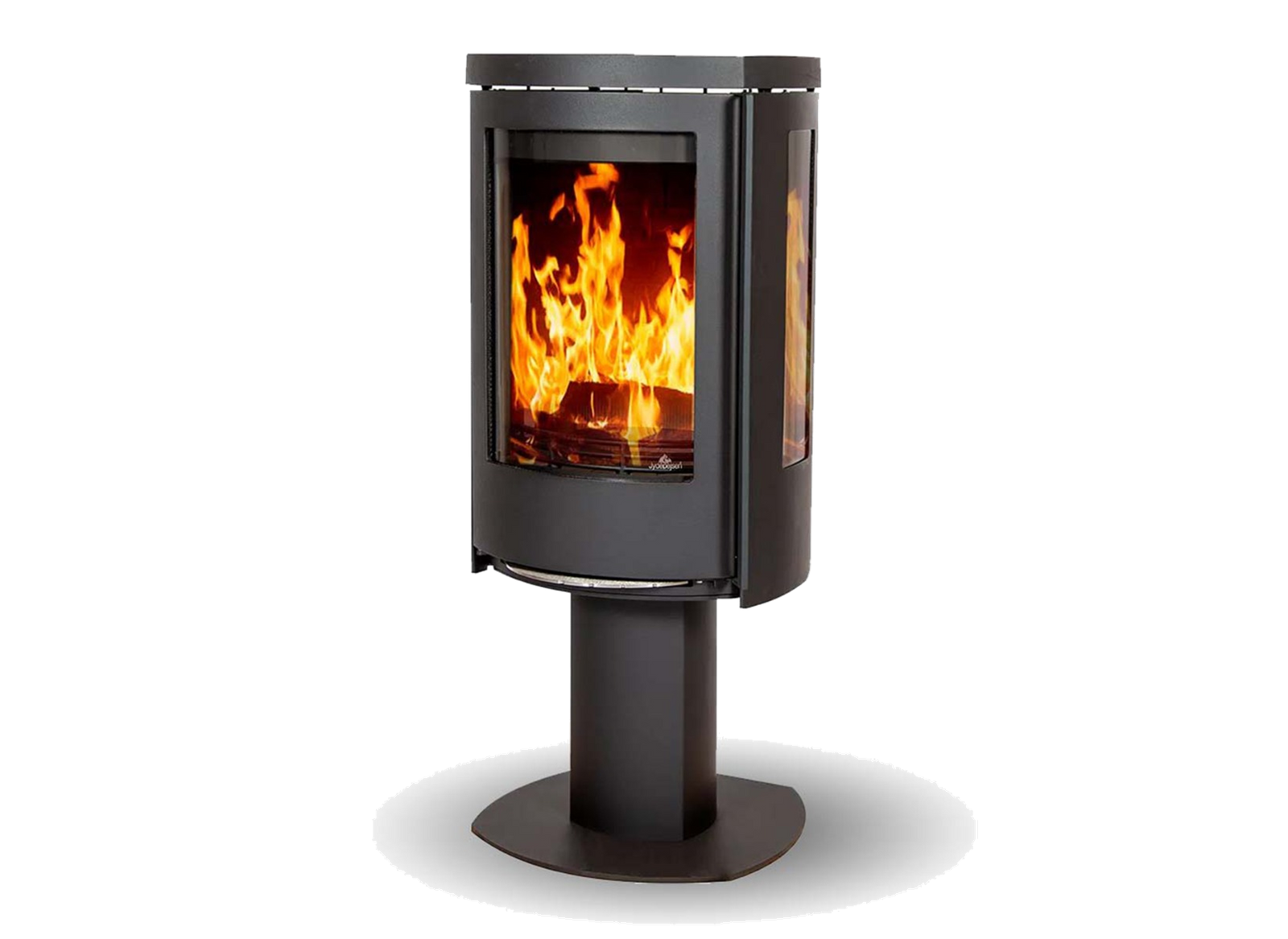 Jydepejsen Cozy Classic Base met zijruiten, zwarte houtkachel op witte achtergrond