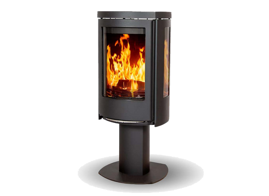 Jydepejsen Cozy Classic Base met zijruiten, zwarte houtkachel op witte achtergrond