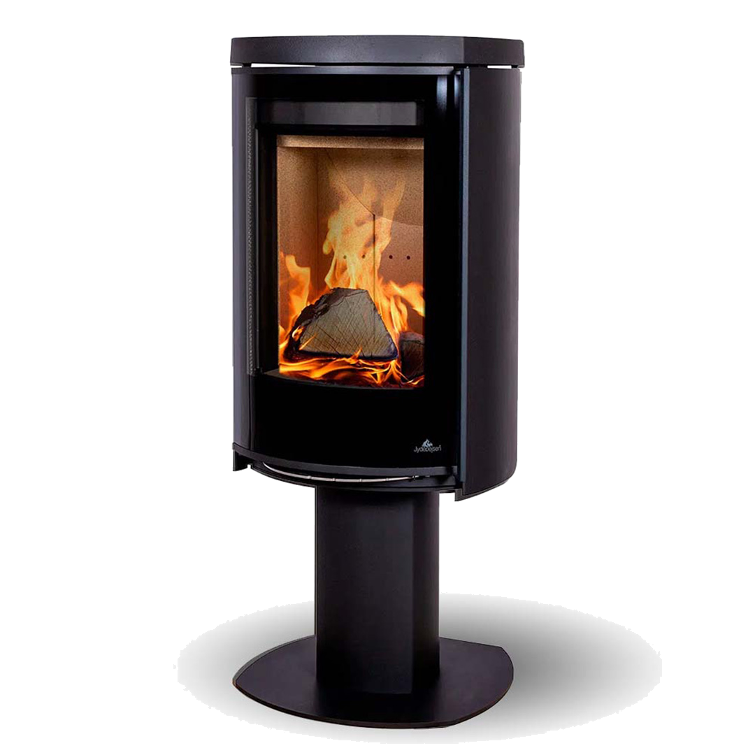 Jydepejsen Cozy Modern Base zwarte houtkachel met brandend vuur