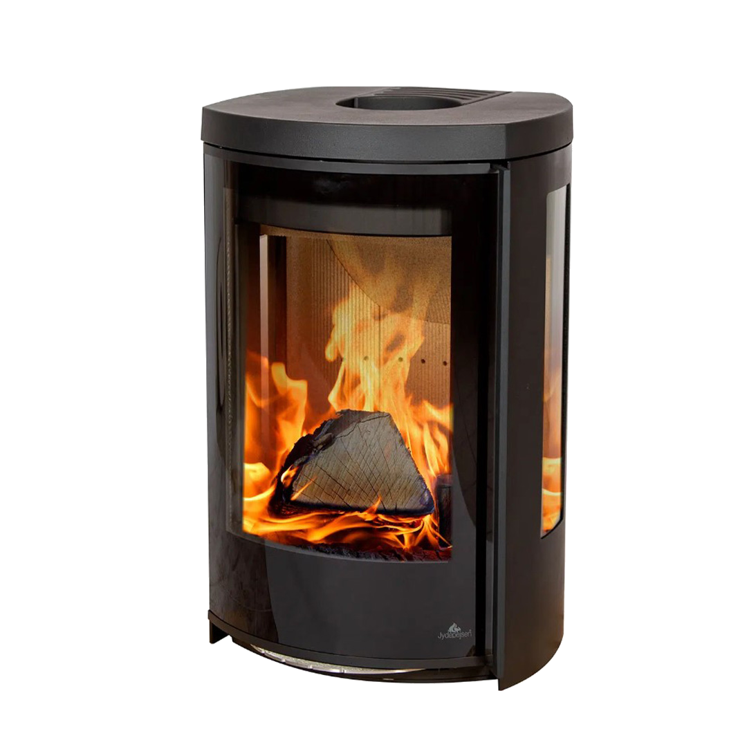 Jydepejsen Cozy Modern Wall houtkachel met zijruiten en zicht op vlammen