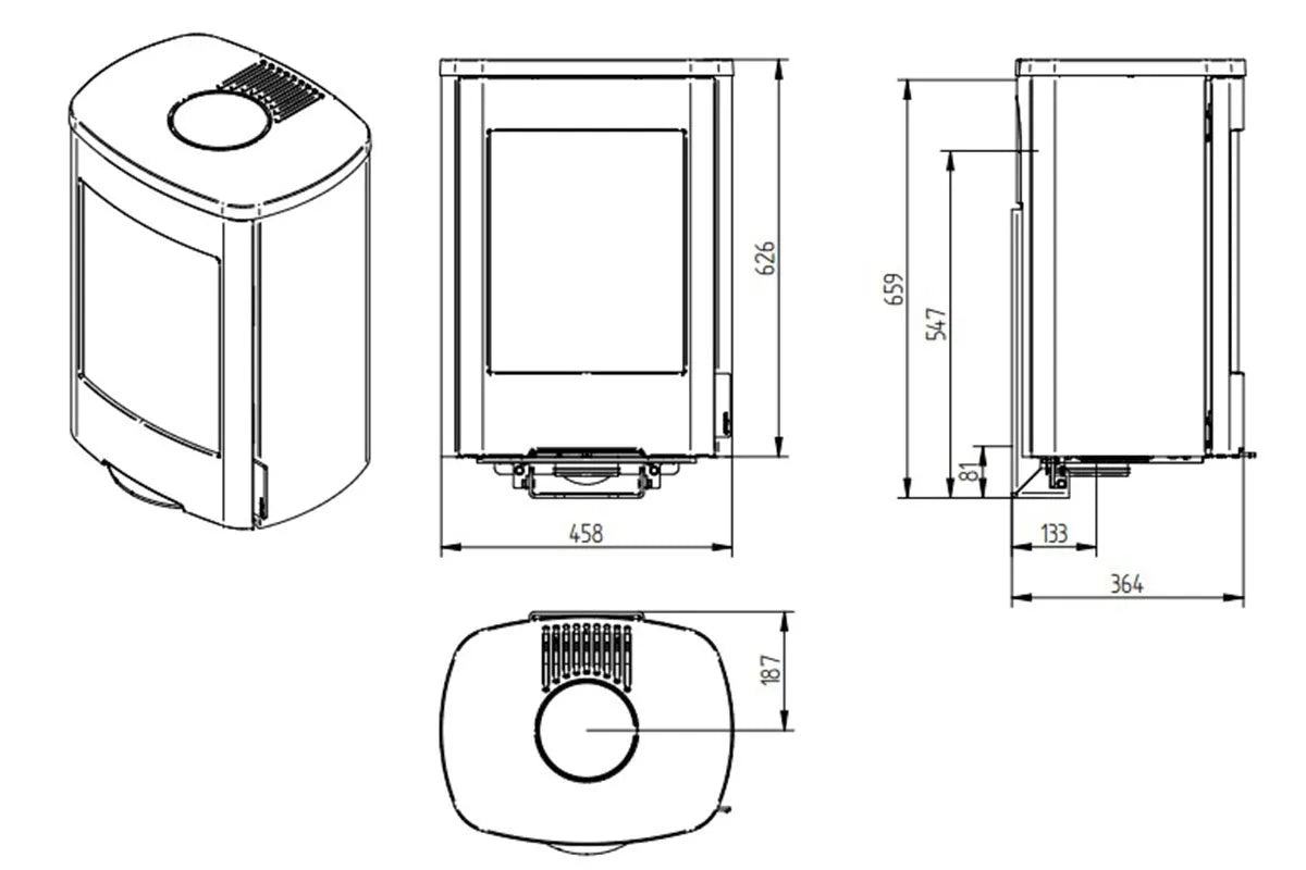 Technische tekening van Jydepejsen Senza Wall houtkachel met afmetingen en verschillende aanzichten.