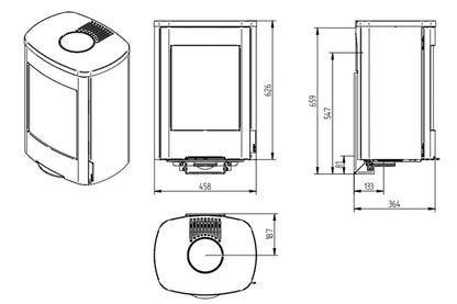 Technische tekening van Jydepejsen Senza Wall houtkachel met afmetingen en verschillende aanzichten.