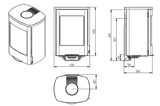 Technische tekening van Jydepejsen Senza Wall houtkachel met afmetingen en verschillende aanzichten.