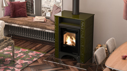 HS Flamingo Aquaflam Vario Peru Air groene kachel in woonkamer met brandend vuur