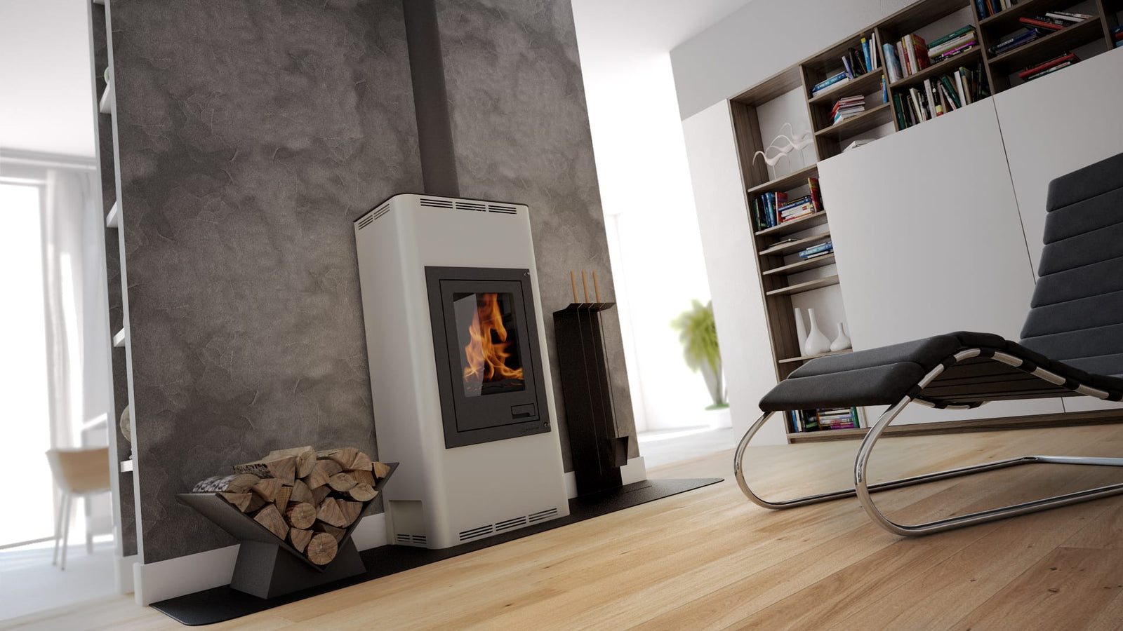 HS Flamingo Aquaflam 7 kachel in moderne woonkamer met brandend zichtvenster