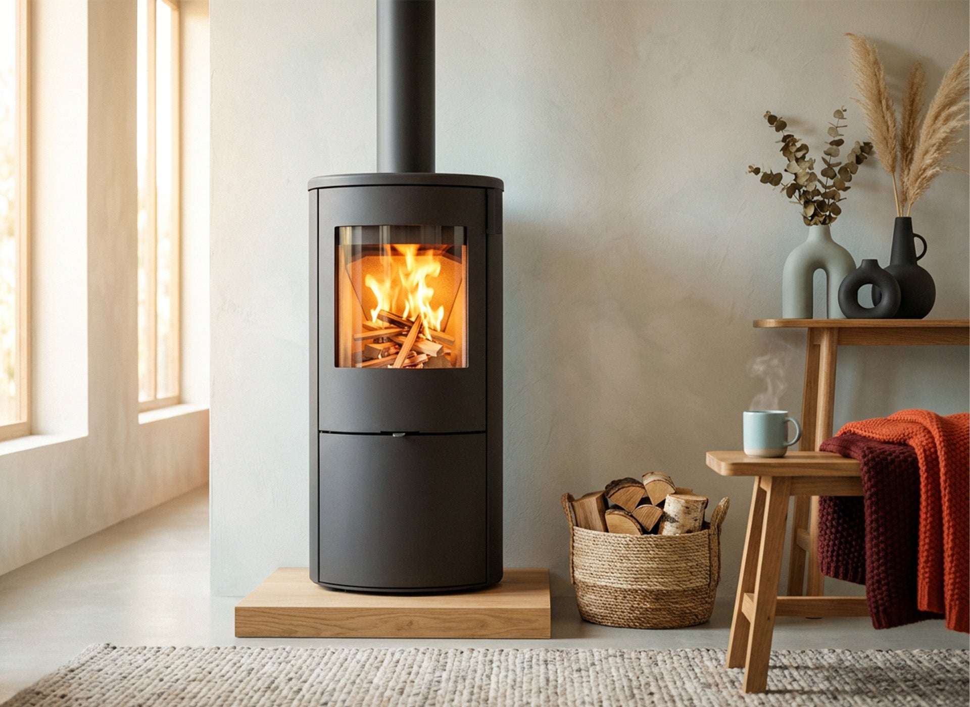Wanders Kelio Box M houtkachel in een lichte woonkamer met brandend vuur