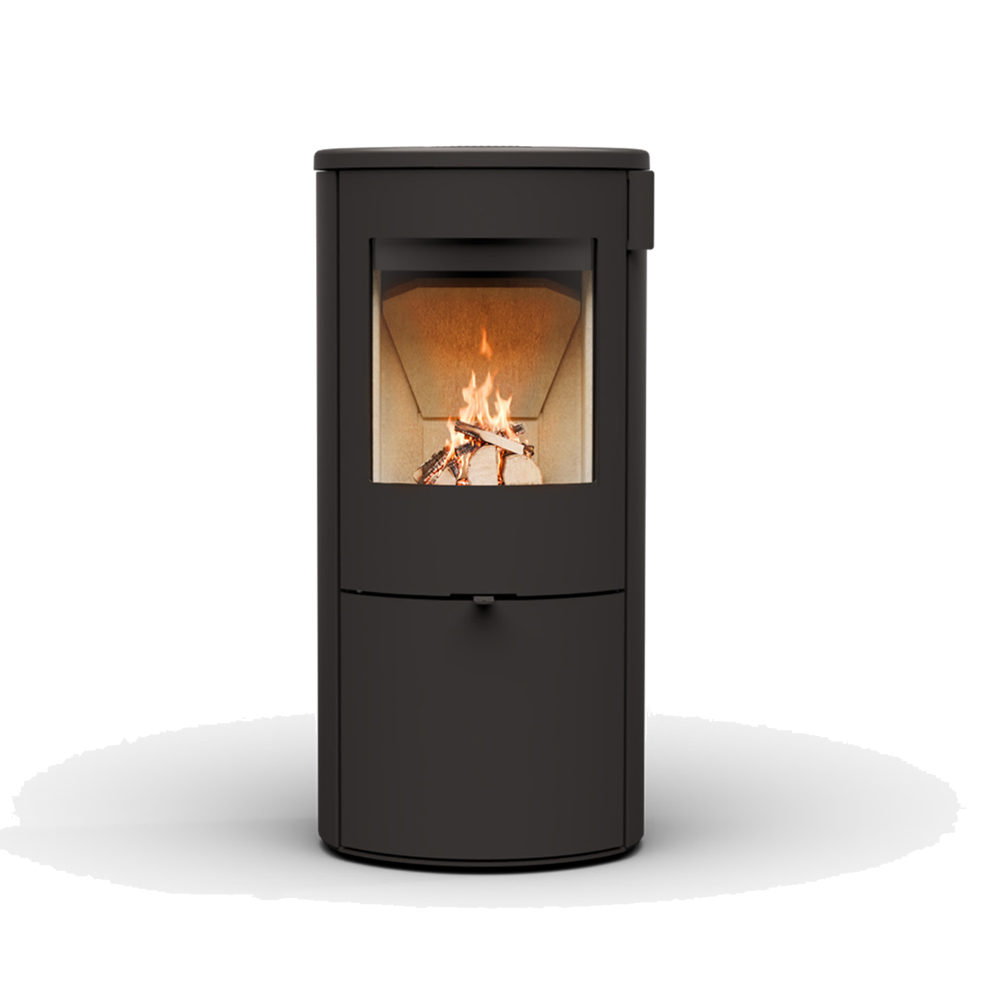 Wanders Kelio Box M Door houtkachel met brandend vuur, studio achtergrond