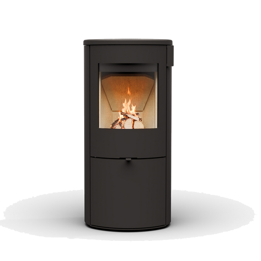 Wanders Kelio Box M Door houtkachel met brandend vuur, studio achtergrond