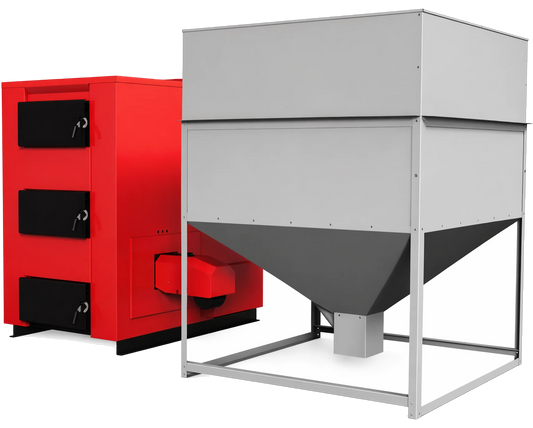 Klimosz Maxi Pellet 100 pelletketel met grijze silo en rood toestel